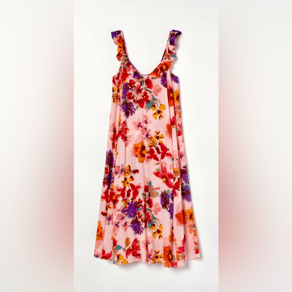 Floral Pink Sleeveless Midi Dress with Ruffle Straps